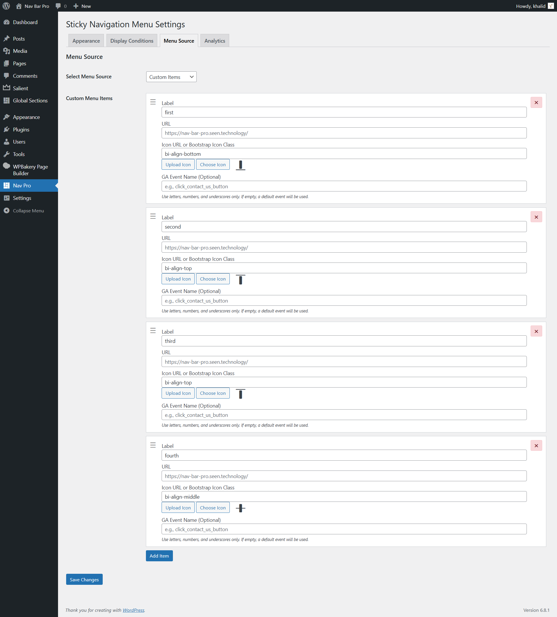 Menu Source Tab Settings